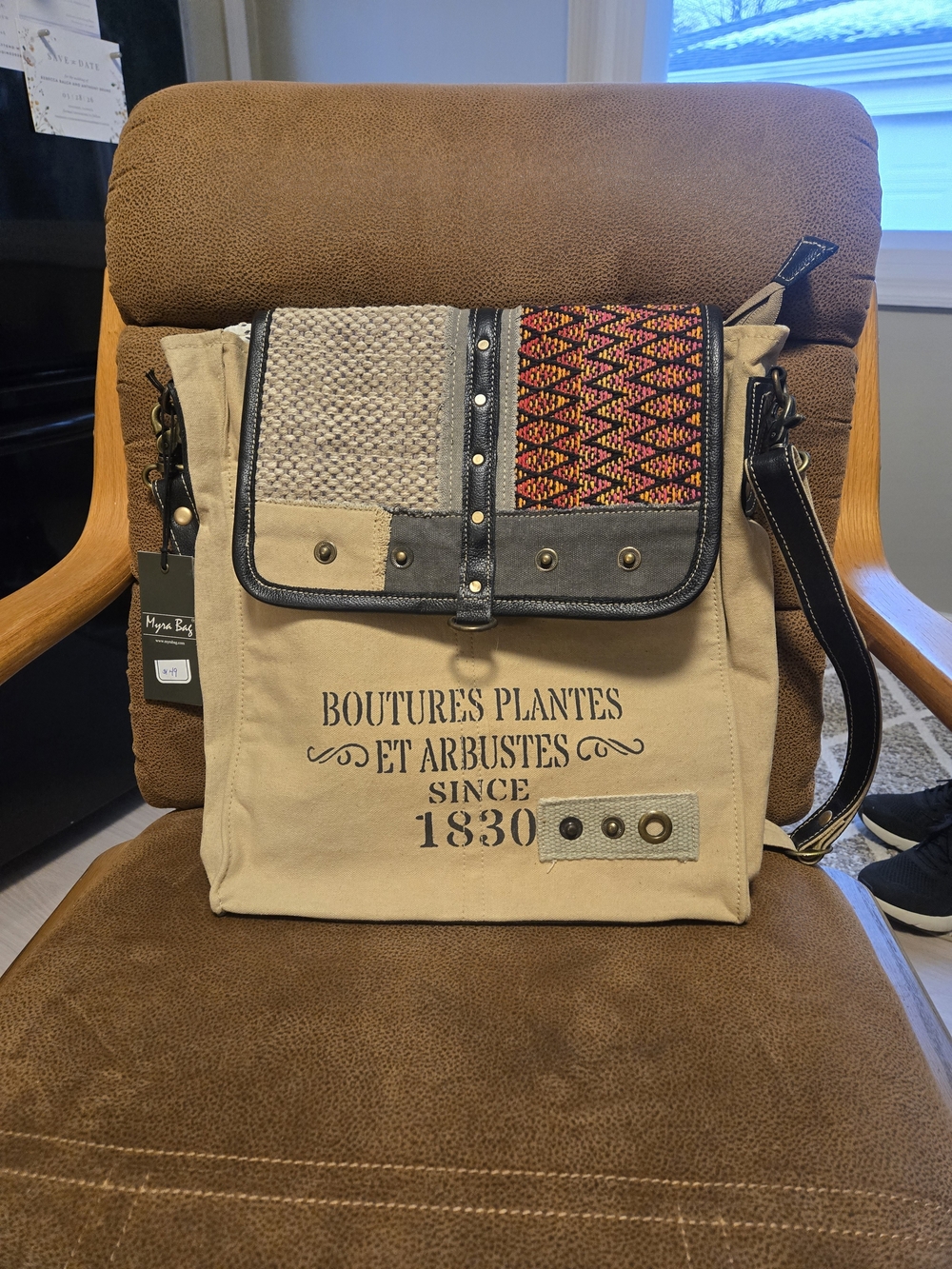 Canvas Messenger Bag with Patterned Flap - Tan